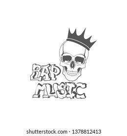 Rap music logo. Concept of vector musical emblem. Skull in the crown and microphone. Design element for rap fest, performance, battle, school, studio. Musical symbol.