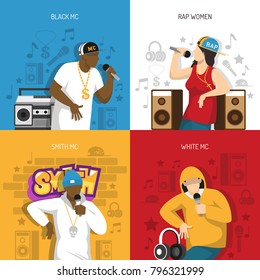 Rap Music Popular Singers Performance 4 Flat Colorful Background Icons Square With Black Mc Rapper Vector Illustration 