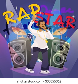 Rap music poster with cartoon hip-hop singer character vector illustration