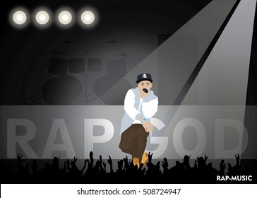 Rap music. Scene. Spotlight. The guy rapping. Vector illustration.