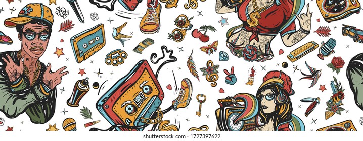 Rap Music Seamless Pattern. Old School Tattoo Style. Hip Hop Girl, Swag Woman. African American Man Rapper. Audio Cassette, Break Dance Art. Street Ghetto Lifestyle. Pop Culture Musical Background 