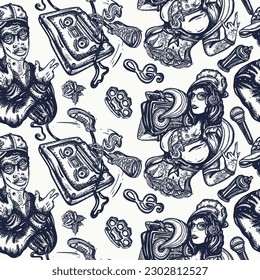 Rap music seamless pattern. Old school tattoo style. Audio cassette, break dance art. Street ghetto lifestyle. Pop culture musical background. Hip hop girl, swag woman. African American man rapper