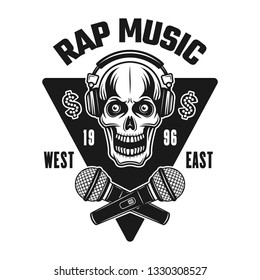 Rap music vector emblem, badge, label or logo with skull in headphones and crossed microphones. Vintage monochrome style illustration isolated on white background