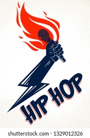 Rap music vector logo or emblem with microphone in hand flames and lightning bolt, hot Hip Hop rhymes festival concert or night club party label, t-shirt print.