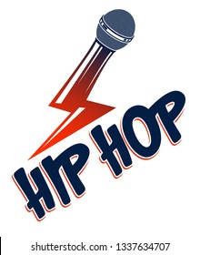 Rap music vector logo or emblem with microphone in a shape of lightning bolt, Hip Hop rhymes festival concert or night club party label, t-shirt print.