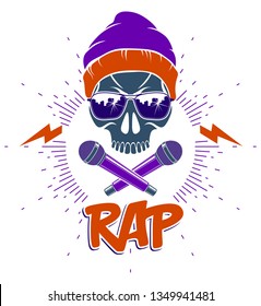 Rap music vector logo or emblem with aggressive skull and two microphones crossed like bones, Hip Hop rhymes festival concert or night club party label, t-shirt print.