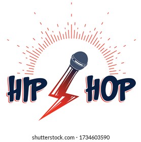 Rap music vector logo or emblem with microphone in a shape of lightning bolt, Hip Hop rhymes festival concert or night club party label, t-shirt print.