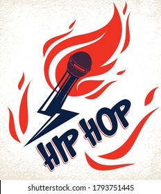 Rap music vector logo or emblem with microphone in a shape of lightning bolt and flames of fire, hot Hip Hop rhymes festival concert or night club party label, t-shirt print.