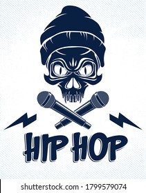 Rap music vector logo or emblem with aggressive skull and two microphones crossed like bones, Hip Hop rhymes festival concert or night club party label, t-shirt print.