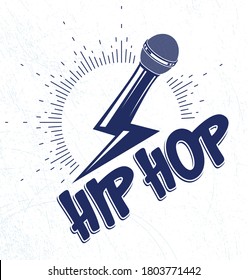 Rap music vector logo or emblem with microphone in a shape of lightning bolt, Hip Hop rhymes festival concert or night club party label, t-shirt print.