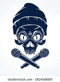 Rap music vector logo or emblem with aggressive skull and two microphones crossed like bones, Hip Hop rhymes festival concert or night club party label, t-shirt print.