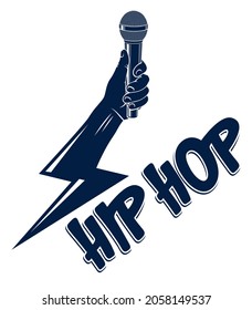 Rap music vector logo or emblem with microphone in hand in a shape of lightning bolt, Hip Hop rhymes festival concert or night club party label, t-shirt print.