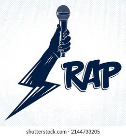 Rap music vector logo or emblem with microphone in hand in a shape of lightning bolt, Hip Hop rhymes festival concert or night club party label, t-shirt print.