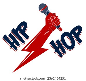 Rap music vector logo or emblem with microphone in hand in a shape of lightning bolt, Hip Hop rhymes festival concert or night club party label, t-shirt print.