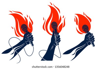 Rap music vector logos or emblems set with microphone in hand flames, hot Hip Hop rhymes festival concert or night club party labels, t-shirt prints.