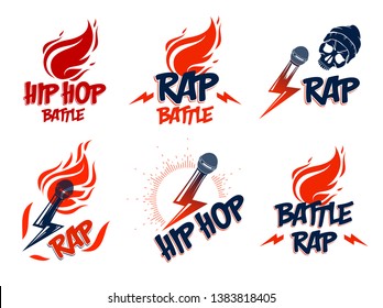 Rap music vector logos or emblems set with microphone in hand flames and lightning bolt, hot Hip Hop rhymes festival concert or night club party labels, t-shirt prints.