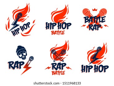 Rap music vector logos or emblems set with microphone in hand flames and lightning bolt, hot Hip Hop rhymes festival concert or night club party labels, t-shirt prints.