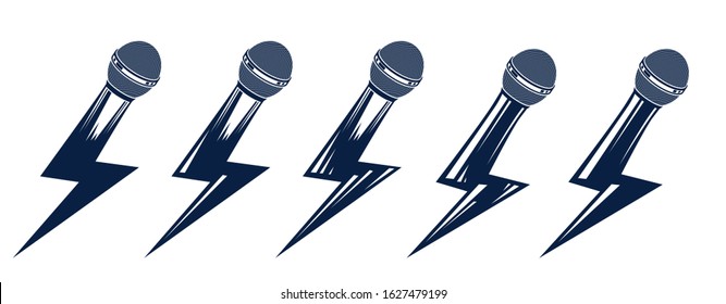 Rap music vector logos or emblems set with microphone in shape of lightning bolt, hot Hip Hop rhymes festival concert or night club party labels, t-shirt prints.