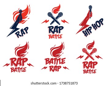 Rap music vector logos or emblems set with microphone in hand flames and lightning bolt, hot Hip Hop rhymes festival concert or night club party labels, t-shirt prints.