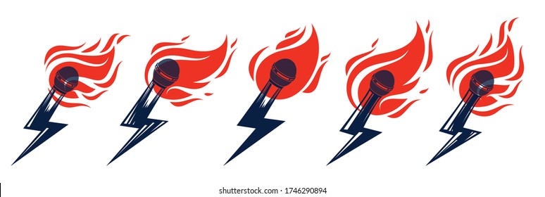 Rap music vector logos or emblems set with microphone in a shape of lightning bolt, Hip Hop rhymes festival concert or night club party label, t-shirt print.