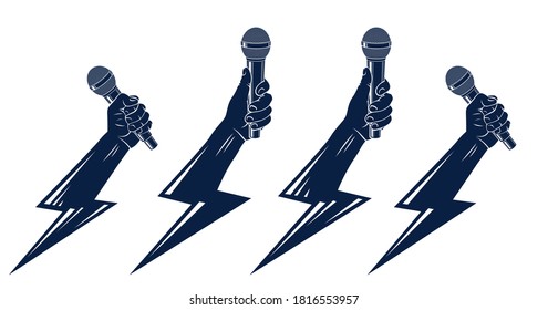 Rap music vector logos or emblems set with microphone in hand lightning bolt, hot Hip Hop rhymes festival concert or night club party labels, t-shirt prints.