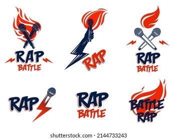 Rap music vector logos or emblems set with microphone in hand flames and lightning bolt, hot Hip Hop rhymes festival concert or night club party labels, t-shirt prints.