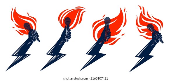 Rap music vector logos or emblems set with microphone in hand flames and lightning bolt, hot Hip Hop rhymes festival concert or night club party labels, t-shirt prints.