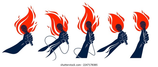 Rap music vector logos or emblems set with microphone in hand flames, hot Hip Hop rhymes festival concert or night club party labels, t-shirt prints.