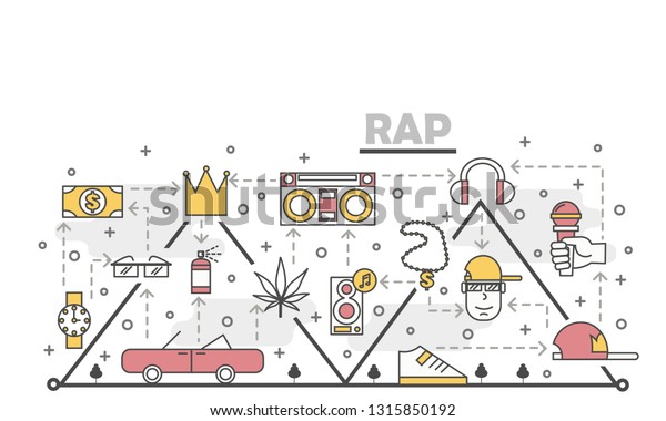 Rap music vector poster banner template. Hip
hop music singer with accessories chain glasses watch shoe cap
retro car loudspeakers microphone etc. Thin line art flat icons for
web, printed materials.