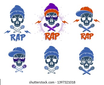 Rap music vector set logos or emblems with aggressive skull and two microphones crossed like bones, Hip Hop rhymes festival concert or night club party labels, t-shirt prints.