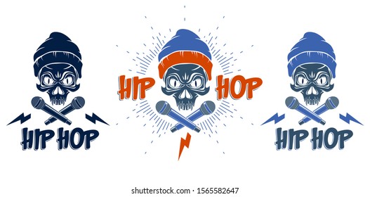 Rap music vector set logos or emblems with aggressive skull and two microphones crossed like bones, Hip Hop rhymes festival concert or night club party labels, t-shirt prints.