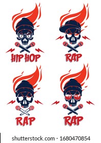 Rap music vector set logos or emblems with aggressive skull and two microphones crossed like bones, Hip Hop rhymes festival concert or night club party labels, t-shirt prints.