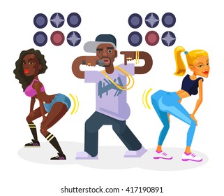 Rap singer with dancing girls. Vector flat cartoon illustration