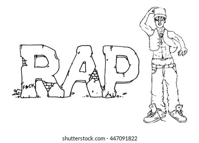 Rap singer. Hand drawn vector stock illustration. Black and white whiteboard drawing.