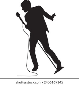 Rap singer illustration cartoon drawing stock art, Pop singer with microphone one line draw design, Young male pop singer holding microphone