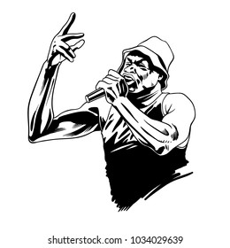 Rap singer. Rapper character with microphone in comic style. Vector illustration 