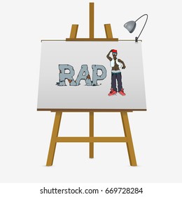 Rap singer with word on easel. Hand drawn vector stock illustration.