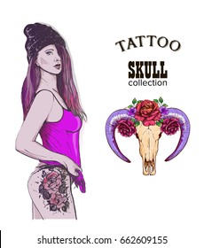 Rap swag girl tatto skull