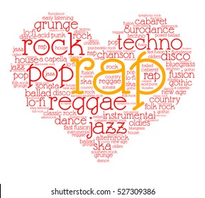 Rap. Word cloud, heart, italic font, gradient grey background. Love of music.