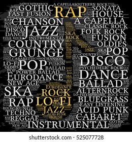 Rap. Word cloud, musical notes, gray font, grunge background. Variety of music.