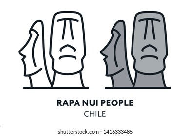 Rapa Nui People. Eastern Island Moai Chile Landmark Sight. Vector Flat Line Icon Illustration.