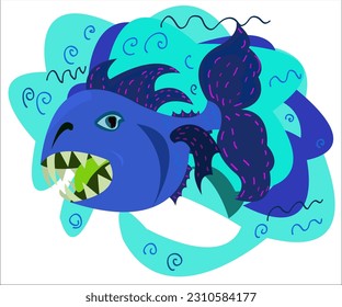 A rapacious blue fish, swimming in a waves of a sea. This cartoon illustration can be used as a logotype for sea, zoo, tourist, fishing and creative organizations. Vector, isolated.