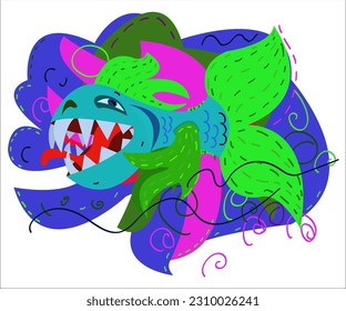 A rapacious monstrous cute fish, swimming in an ocean. This cartoon illustration can be used as a logotype for sea and tourist organizations. Vector, isolated.