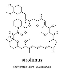 Rapamycin (sirolimus) immunosuppressive drug molecule. Used to prevent transplant rejection and in coronary stent coating. Skeletal formula.