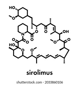 Rapamycin (sirolimus) immunosuppressive drug molecule. Used to prevent transplant rejection and in coronary stent coating. Skeletal formula.