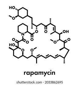 Rapamycin (sirolimus) immunosuppressive drug molecule. Used to prevent transplant rejection and in coronary stent coating. Skeletal formula.