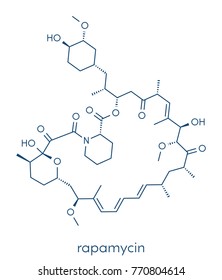 Rapamycin (sirolimus) immunosuppressive drug molecule. Used to prevent transplant rejection and in coronary stent coating. Skeletal formula.