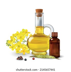 Rape canola concept with oilseed production symbols realistic vector illustration