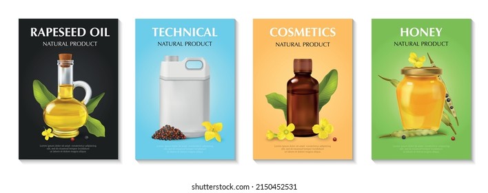 Rape canola poster set with cosmetics symbols realistic isolated vector illustration