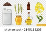 Rape canola transparent set with manufacture symbols realistic isolated vector illustration